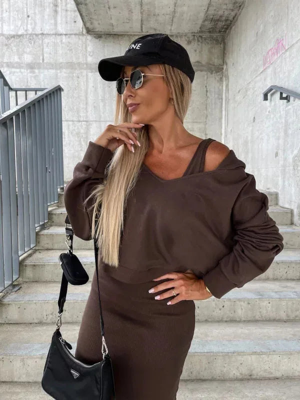 Sporty Slim Fit V-Neck Hooded Sweater Long Dress with Short Top- 2 Prices Set