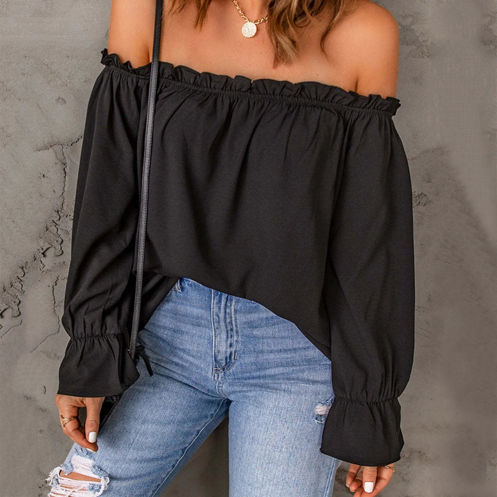 Black Modern Classic Fit Off Shoulder  O-Neck  Blouse Top