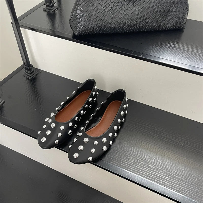 Classic Vintage Brown Shoes with  Metal Rivet Round Toe Loafers