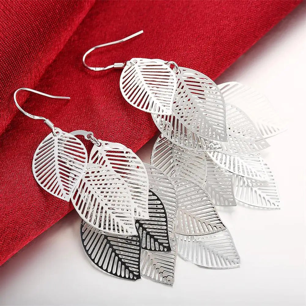 Fine 925 Sterling Silver Tassel Layered Leaves Drop Earrings