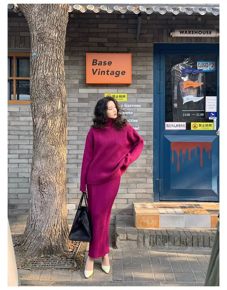 French Trendy Retro Two-piece Set with High Neck Sweater Knitted Top