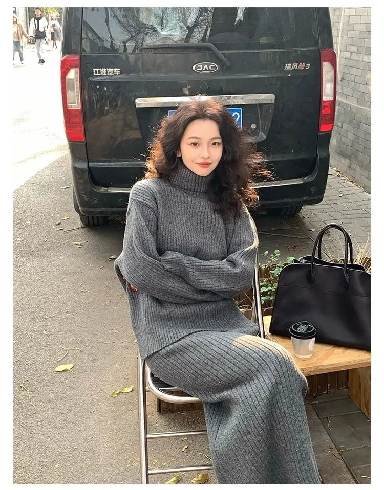 French Trendy Retro Two-piece Set with High Neck Sweater Knitted Top