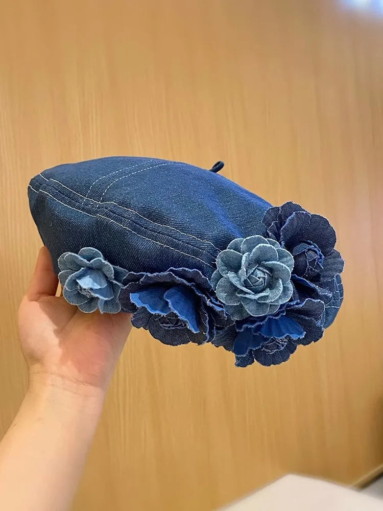 Denim Beret Hats with Flower