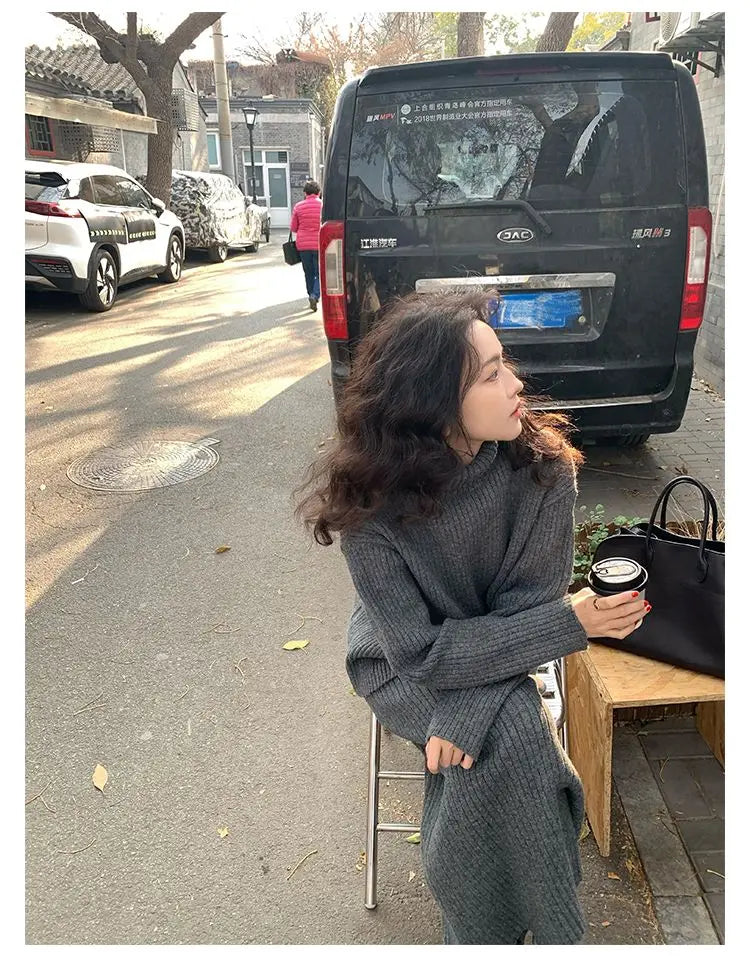 French Trendy Retro Two-piece Set with High Neck Sweater Knitted Top