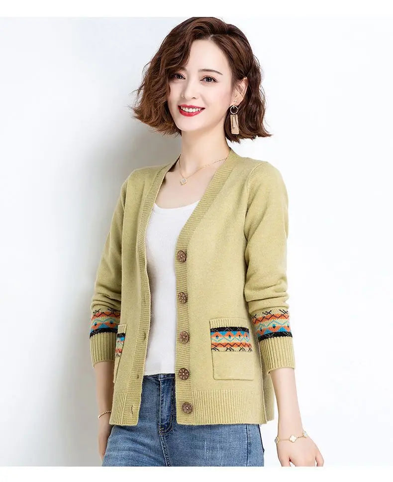 Folk Vintage Button V-Neck  Cardigans with Long Sleeves and Pockets