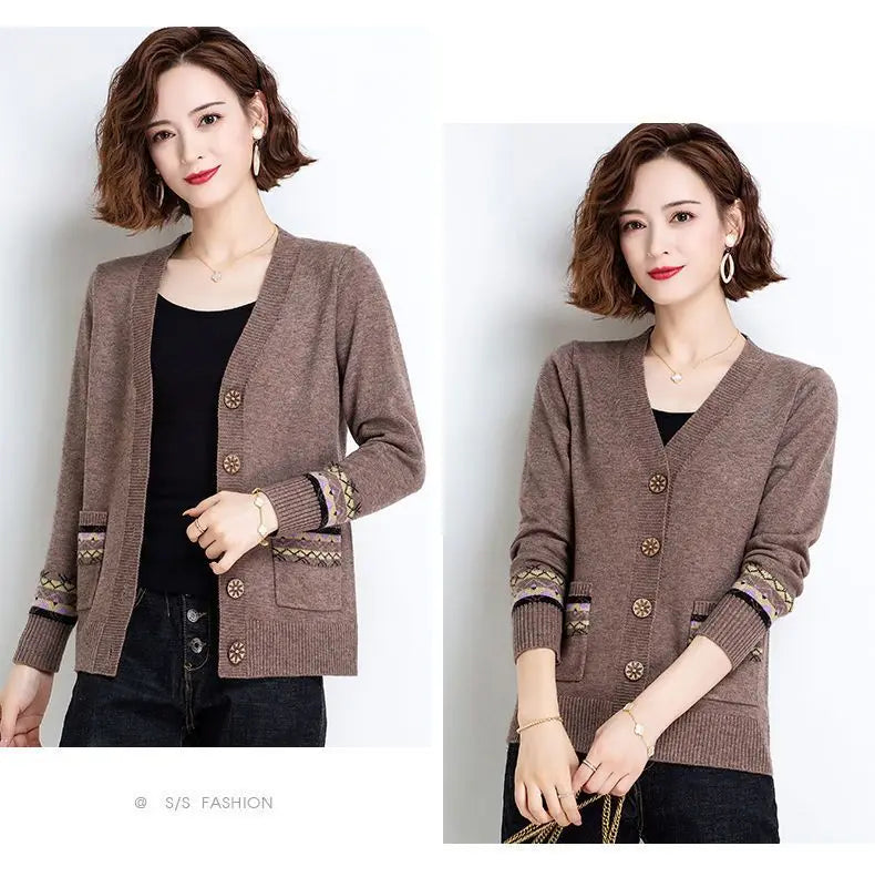 Folk Vintage Button V-Neck  Cardigans with Long Sleeves and Pockets