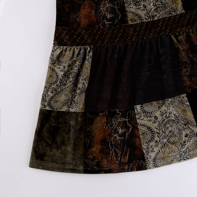 Boho  Patchwork Brown Pleated   Skirt