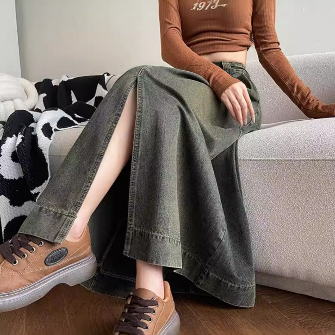 Black Gray Denim High Waist Front Slit Skirt