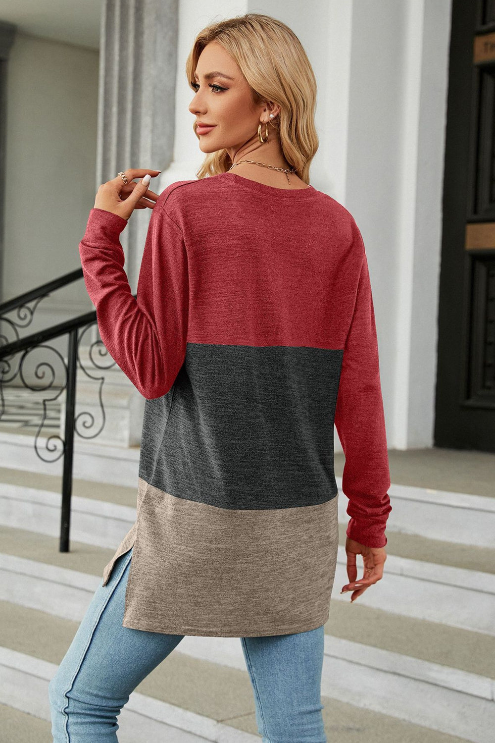 Vibrant Urban  Color Block Round Neck Long Sleeve Top