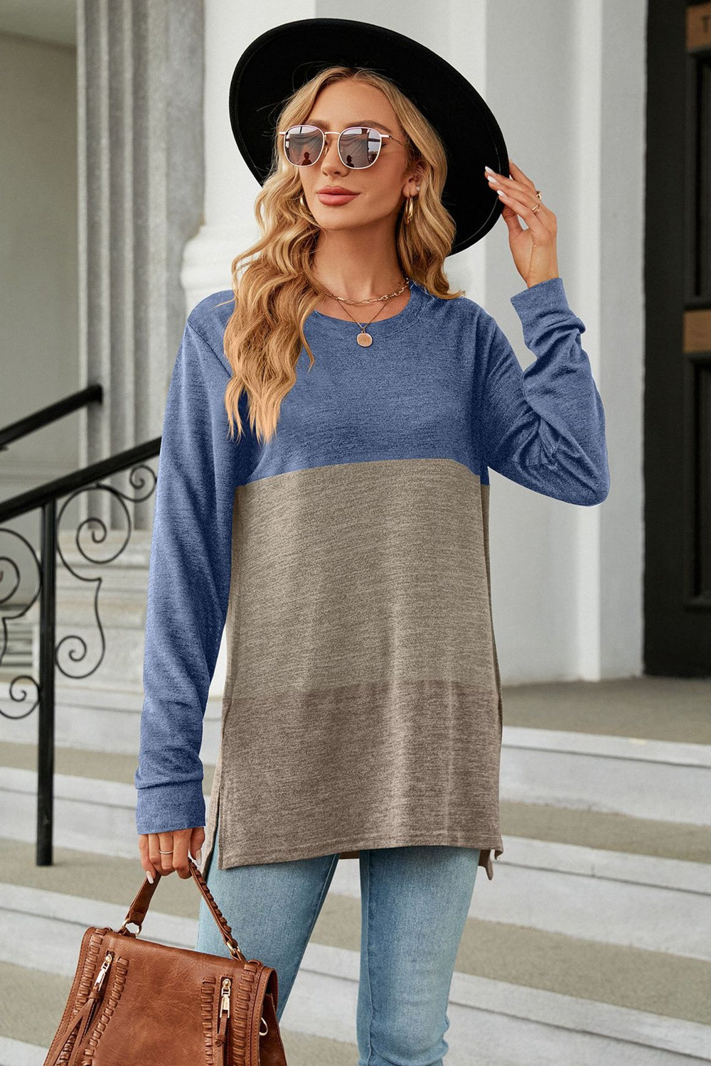 Vibrant Urban  Color Block Round Neck Long Sleeve Top