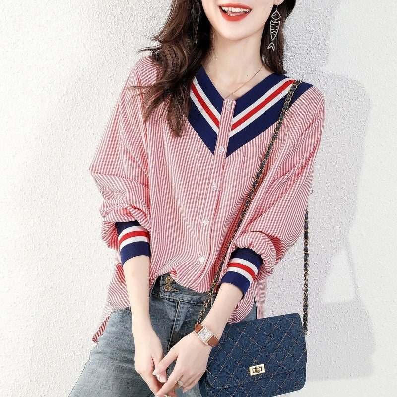 Blue Striped Loose  Slim Fit  Shirt with 3 Color  V-Neck Design