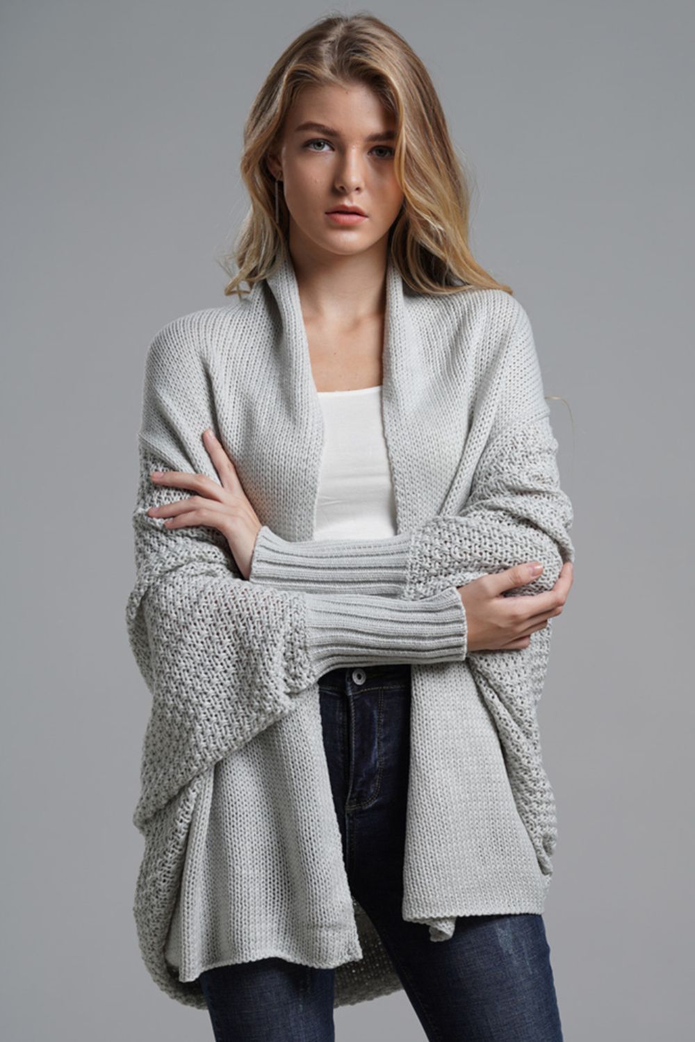 Ease Up Dolman Sleeve Open-Front Long Knit Cardigan