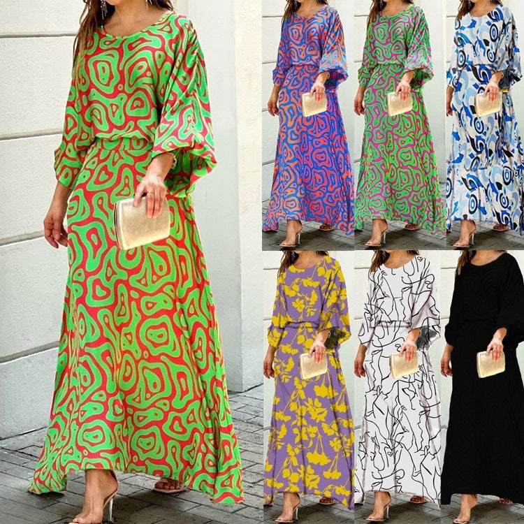 Fashion Loose Printed 2-Pcs  Set with Long Sleeve Top & High Waist Long Skirt