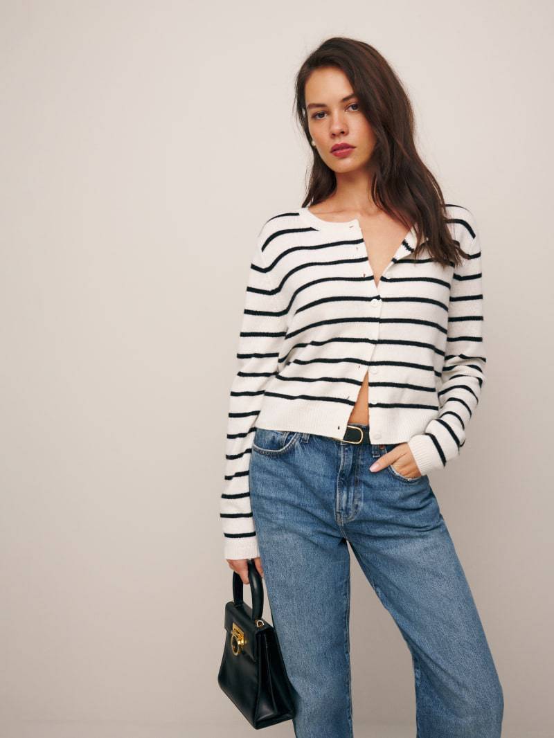 White  Black Stripe Knitted Cardigan with  Long Sleeved