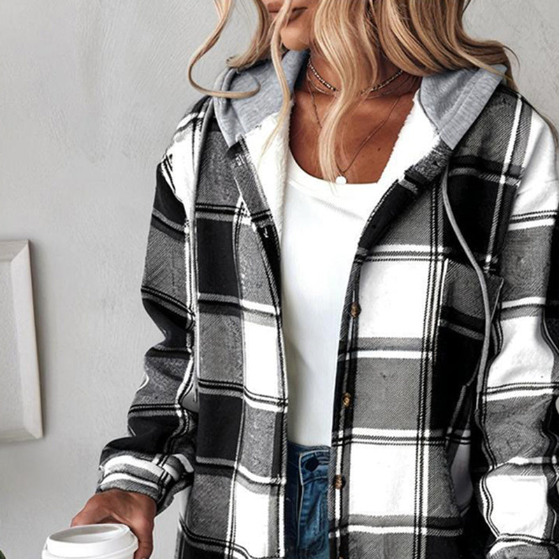 Casual Fall Shirts Shacket Plaid Hoodie Long Sleeve Jacket with Long Sleeve With Pocket and Button Drawstrings