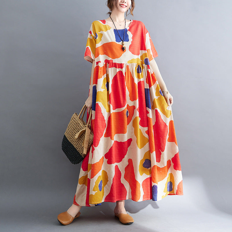 Orange Flower  Linen Dress  One Size