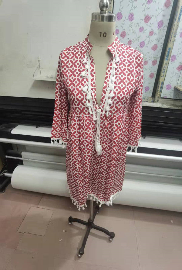 Sweet Hippie Style Tassel Ruffled V-Neck Dress