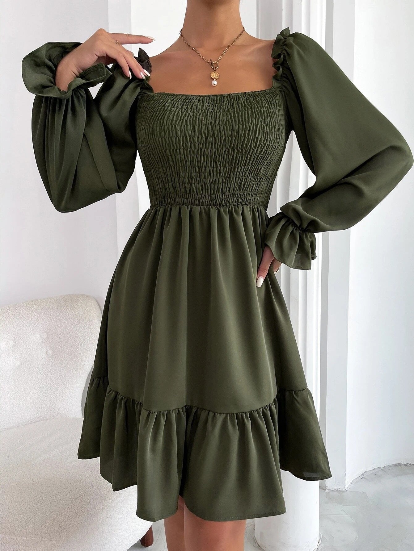 Swing Dress with Flared Long Sleeve Dresses & Square Ruffled Neck