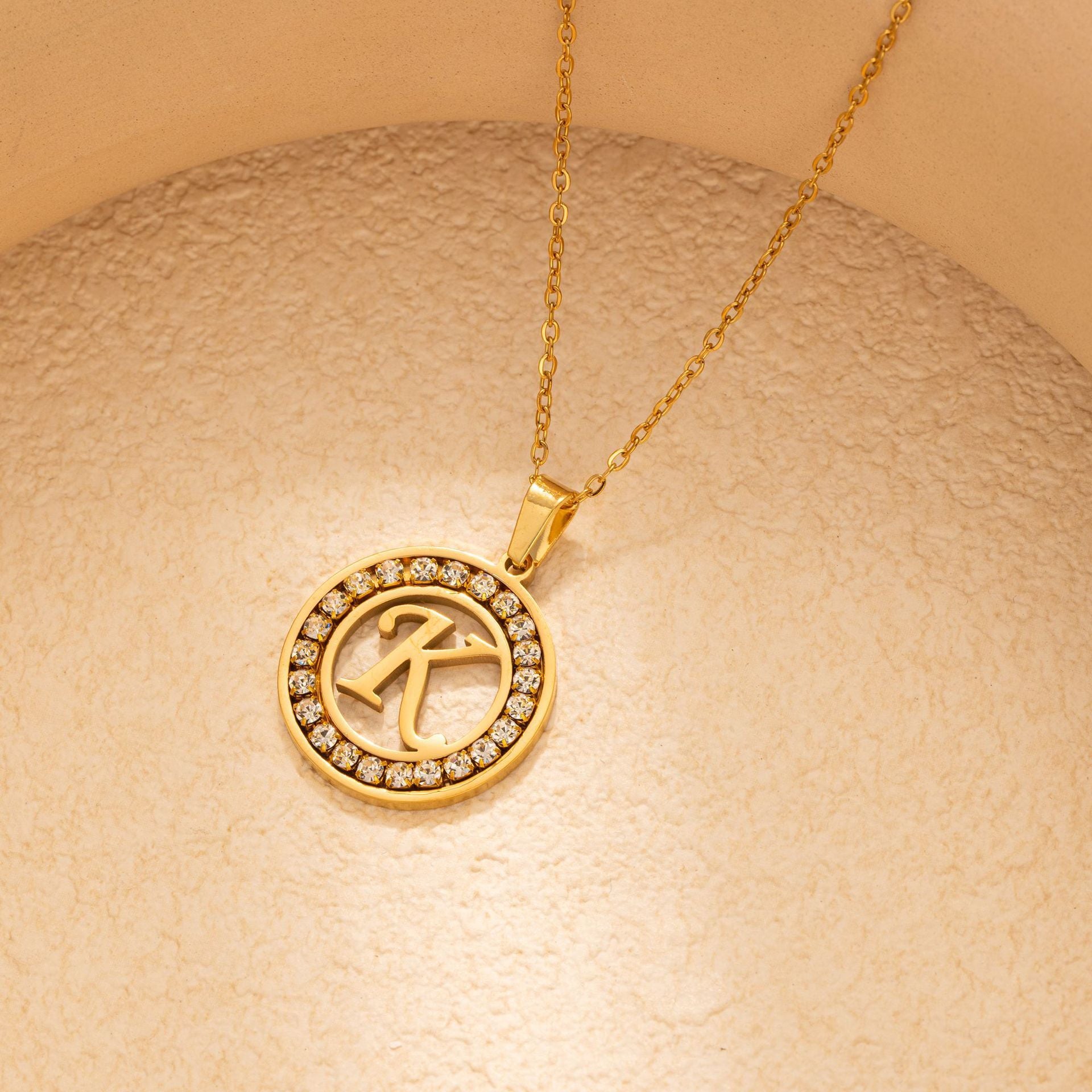Stainless Steel Round Diamond English Letter Pendant Necklace