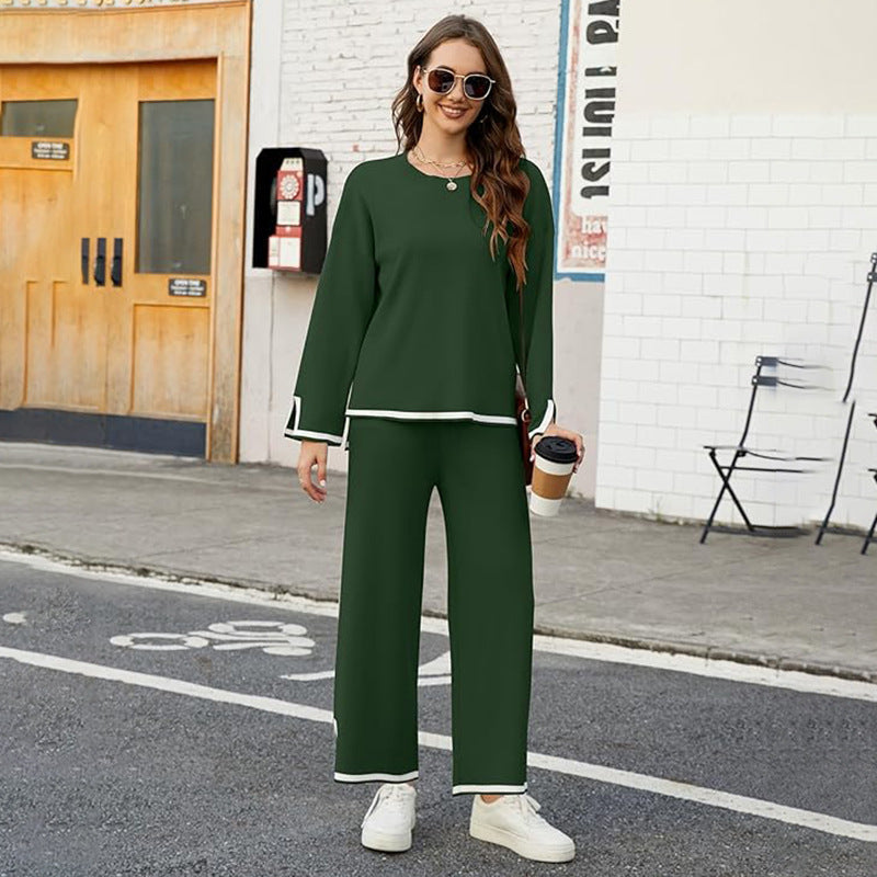 Women's Knitted Long Sleeve Loose Top Wide Leg Pants Suit - 2-Piece Set