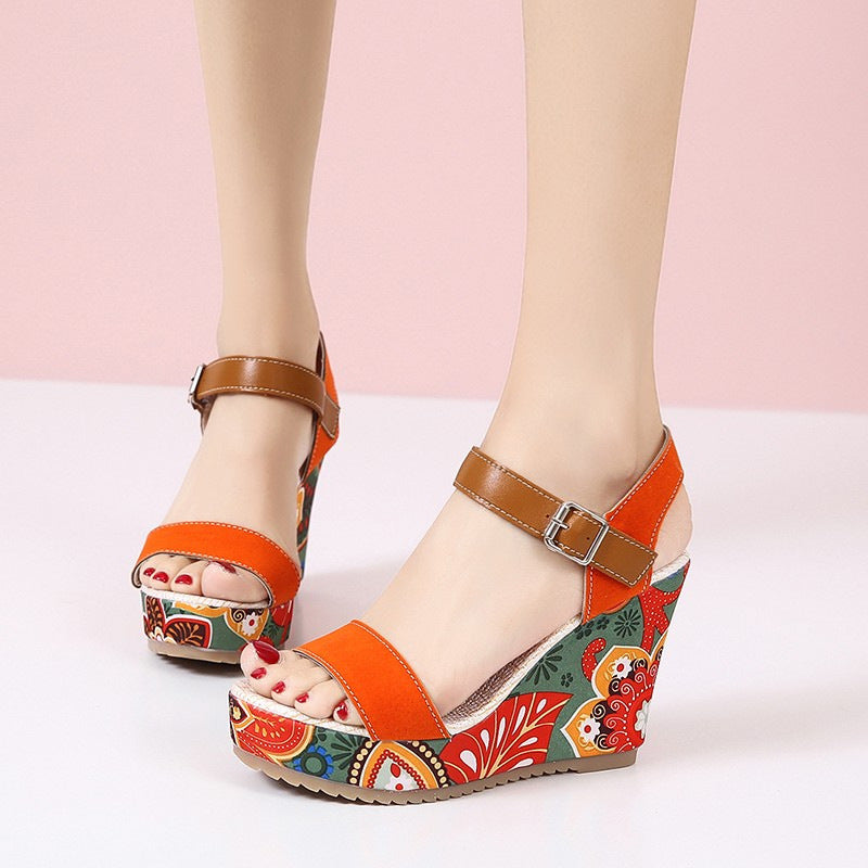 Embroidered Floral Platform High Wedge Sandals