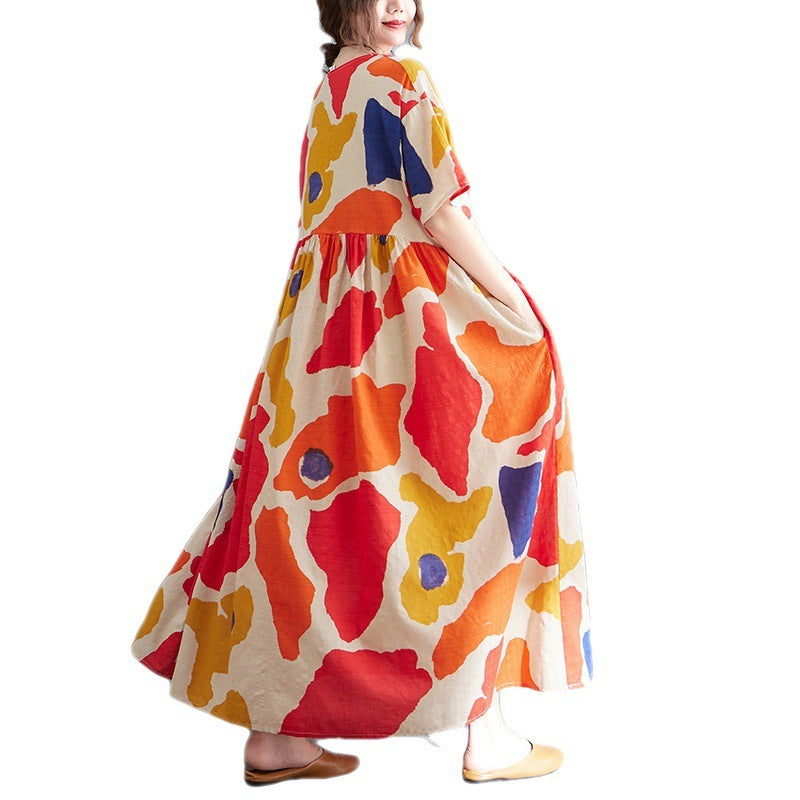 Orange Flower  Linen Dress  One Size