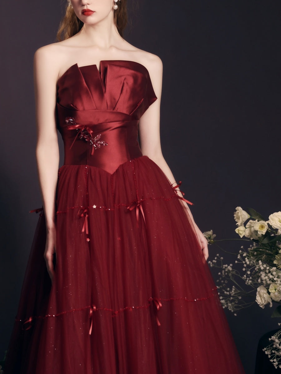 Gorgeous  Red Wine Beaded Tube Top Long Dress