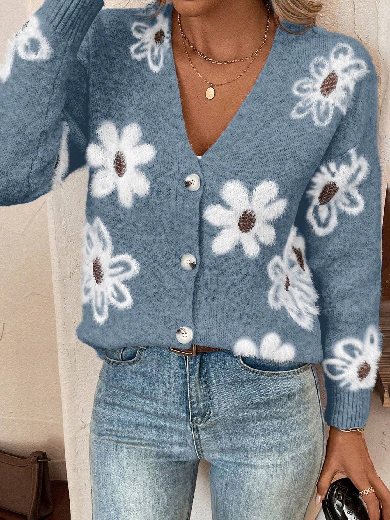 Floral Knit V neck Cardigan with Long Sleeve