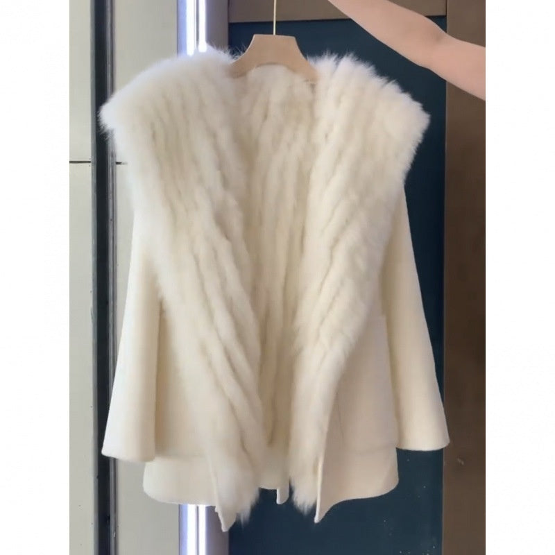 White  Fur Woolen Stitching Coat