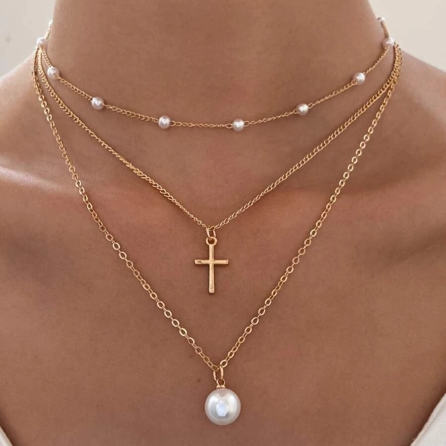 Fashion Multi-layer Pearl Necklace Cross