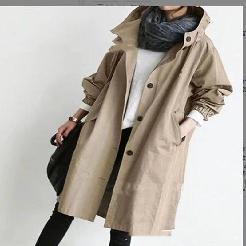 Trench Hooded Coat l Loose Button  with Pockets and  Hooded