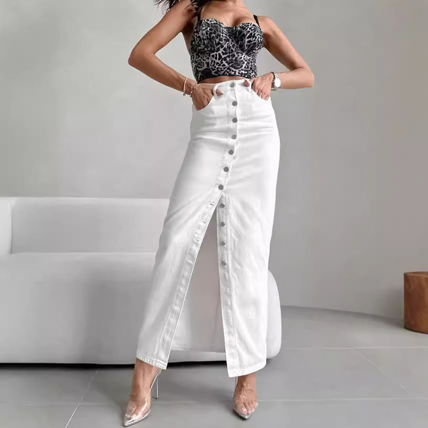 White Denim  High Waist Slim Fit Buttoned Half-Length Casual Skirt