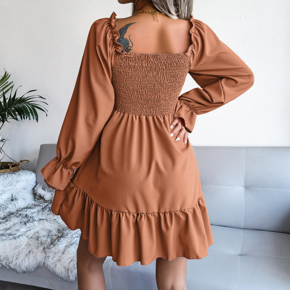 Swing Dress with Flared Long Sleeve Dresses & Square Ruffled Neck