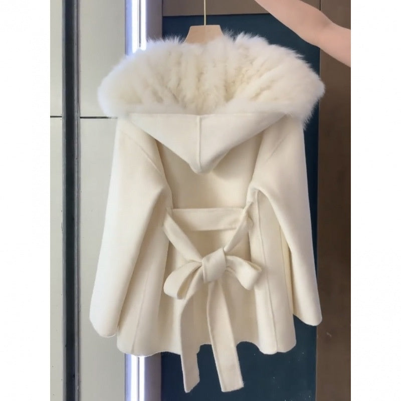 White  Fur Woolen Stitching Coat