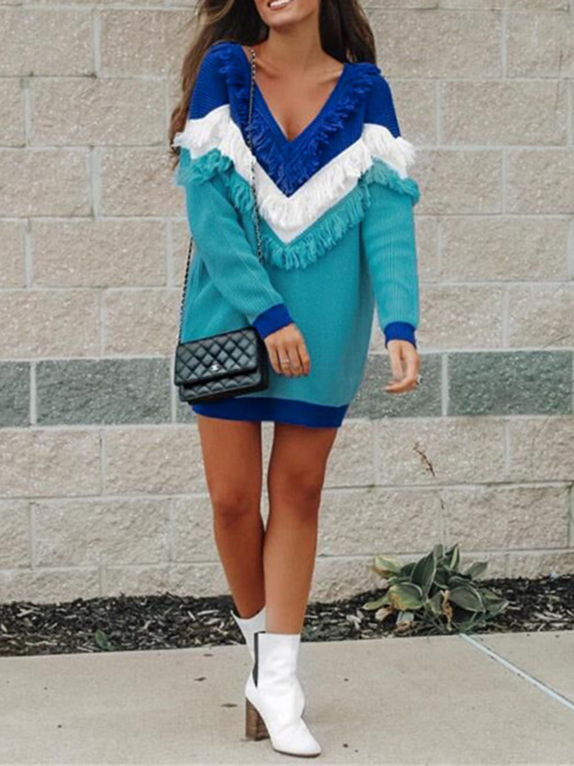 Pretty Please Color Block Fringed Ribbed Knit Sweater