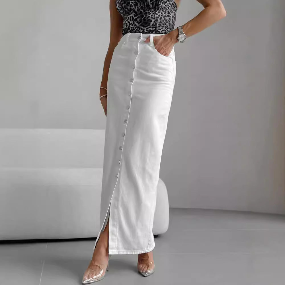 White Denim  High Waist Slim Fit Buttoned Half-Length Casual Skirt