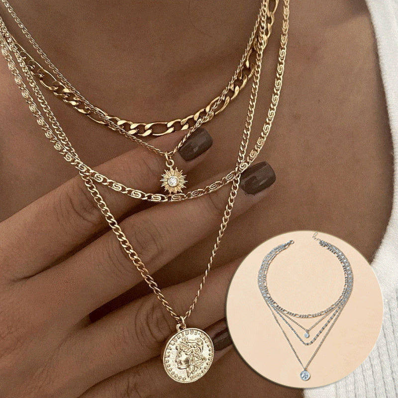 Chunky Layered  Coin Charm Necklace Layered Gold & Silver