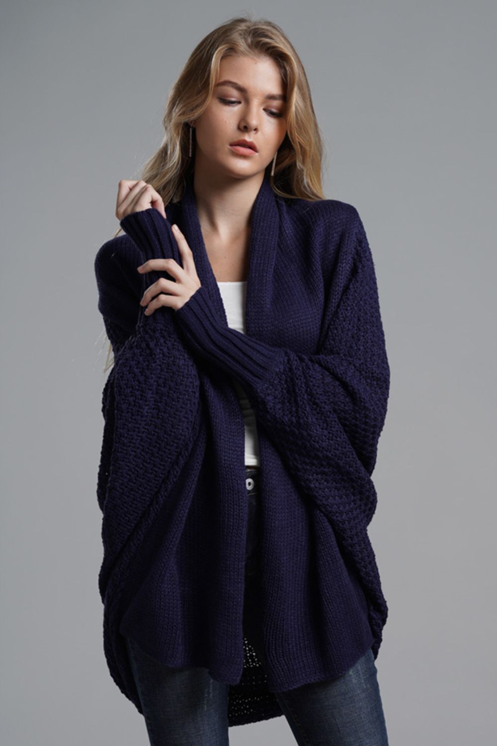 Ease Up Dolman Sleeve Open-Front Long Knit Cardigan