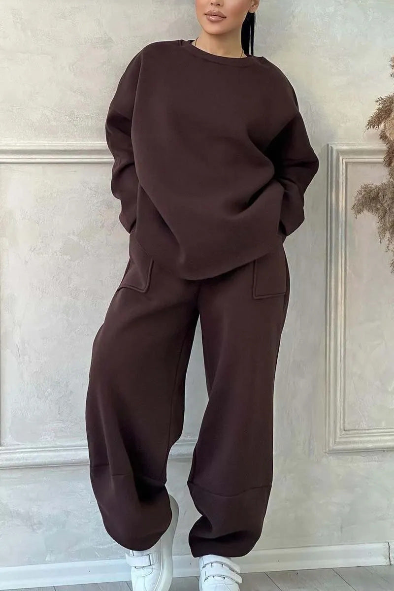 Cozy Loose Round Neck Sweater with Long Saves  and Trousers-2 Pic. Set