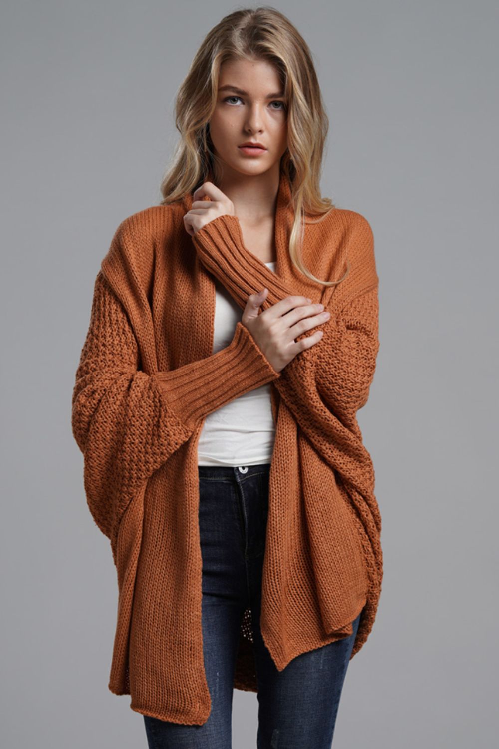 Ease Up Dolman Sleeve Open-Front Long Knit Cardigan