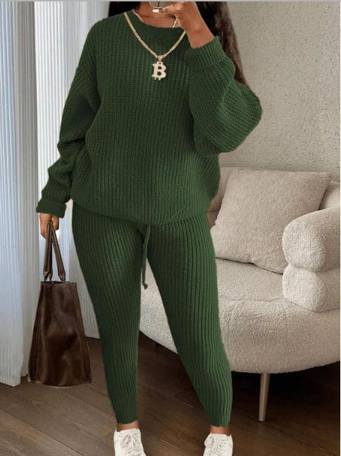 Soft and Cozy  Ribbed Knit 2-piece set Suits with Loose Pullover Sweater Top and Drawstring Pants