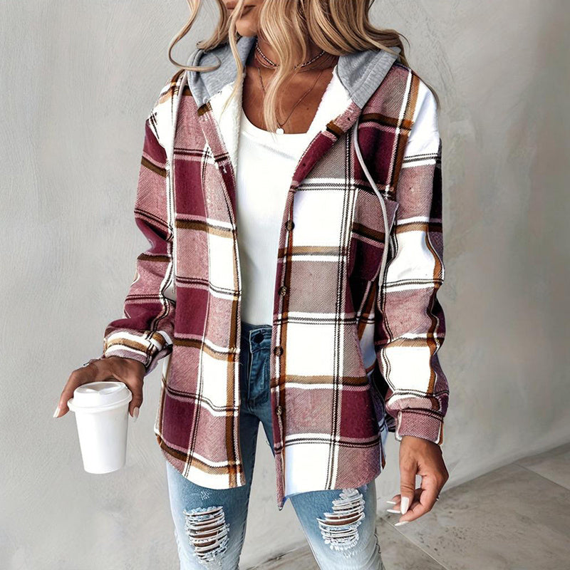 Casual Fall Shirts Shacket Plaid Hoodie Long Sleeve Jacket with Long Sleeve With Pocket and Button Drawstrings