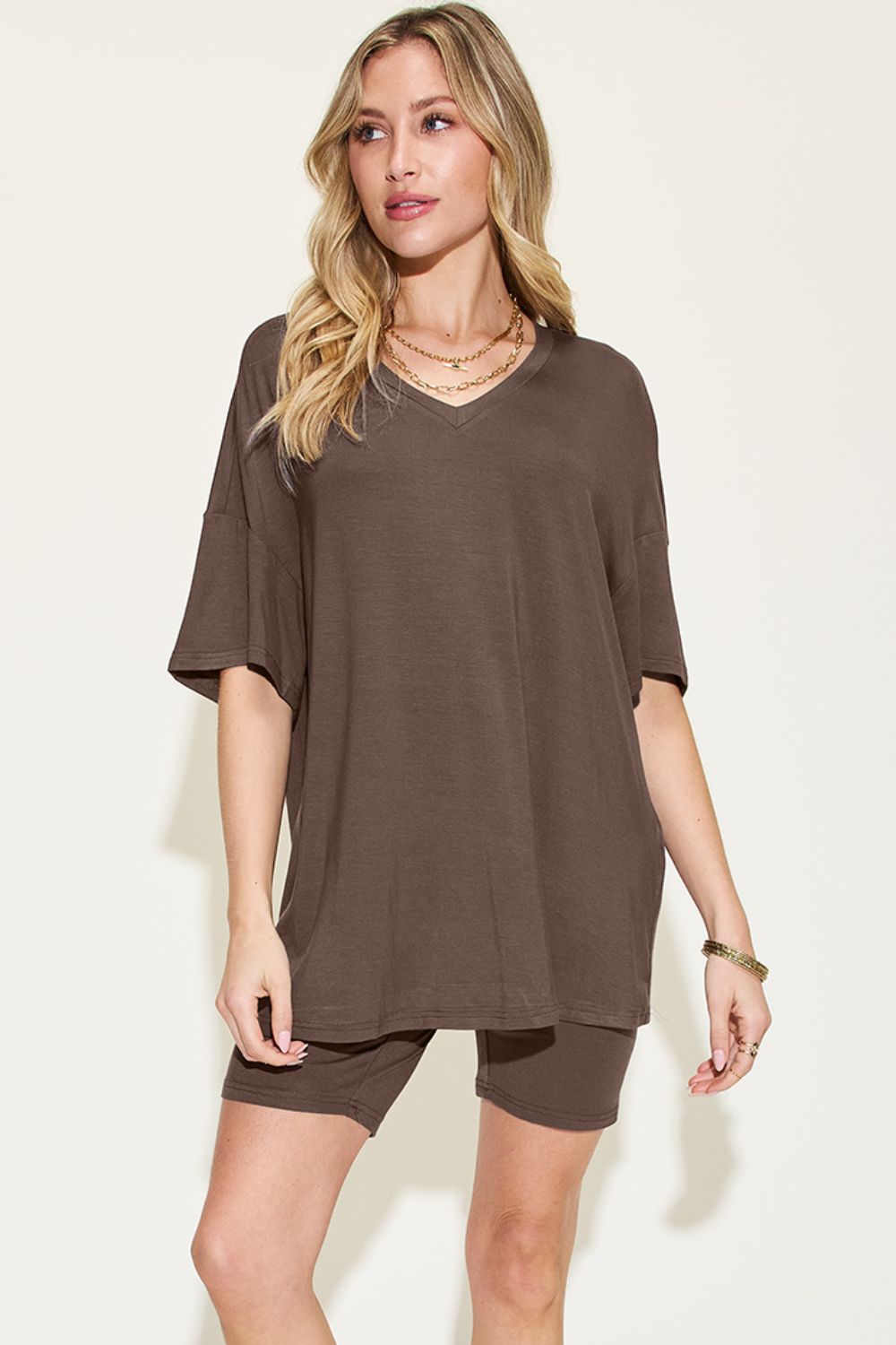 Soft Touch V-Neck Drop Shoulder T-Shirt and Shorts Set