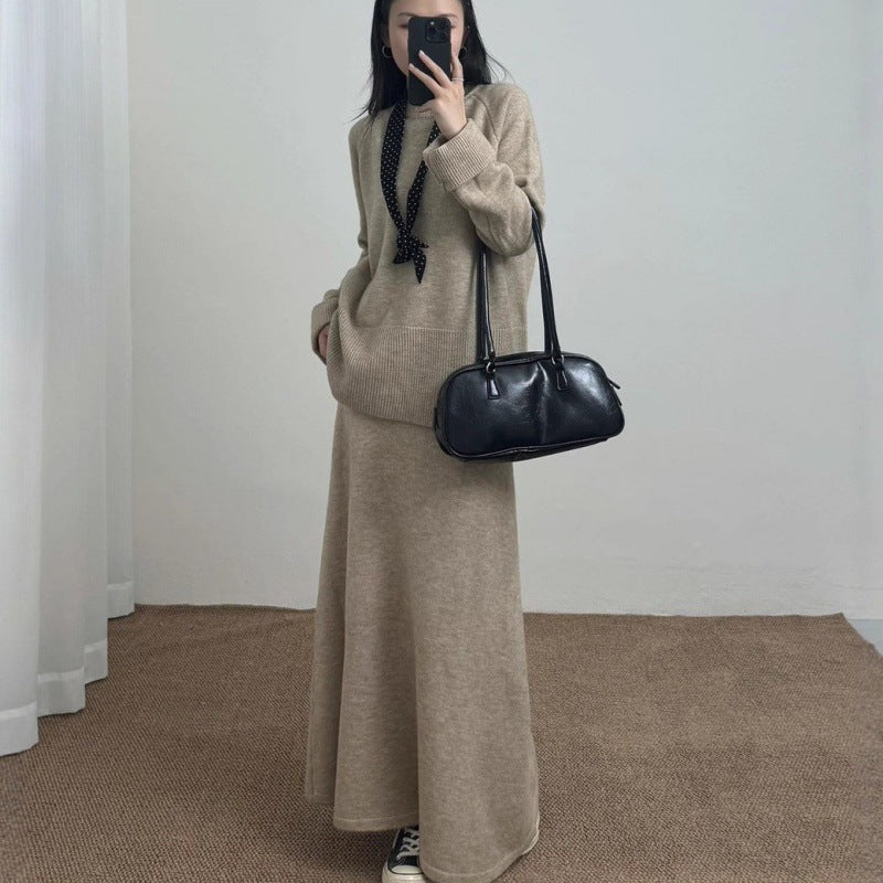 Knitted Modern Outfits with Long Skirt and Top Sweater with Raglan Sleeve-2 -Piece