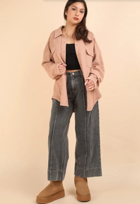 Blush Button Down Textured Knit Shacket