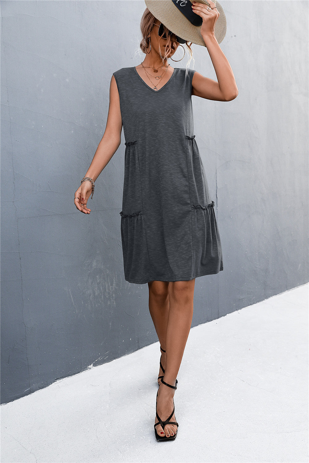 Casual  Chic Style  V-Neck Frill Trim Sleeveless Dress