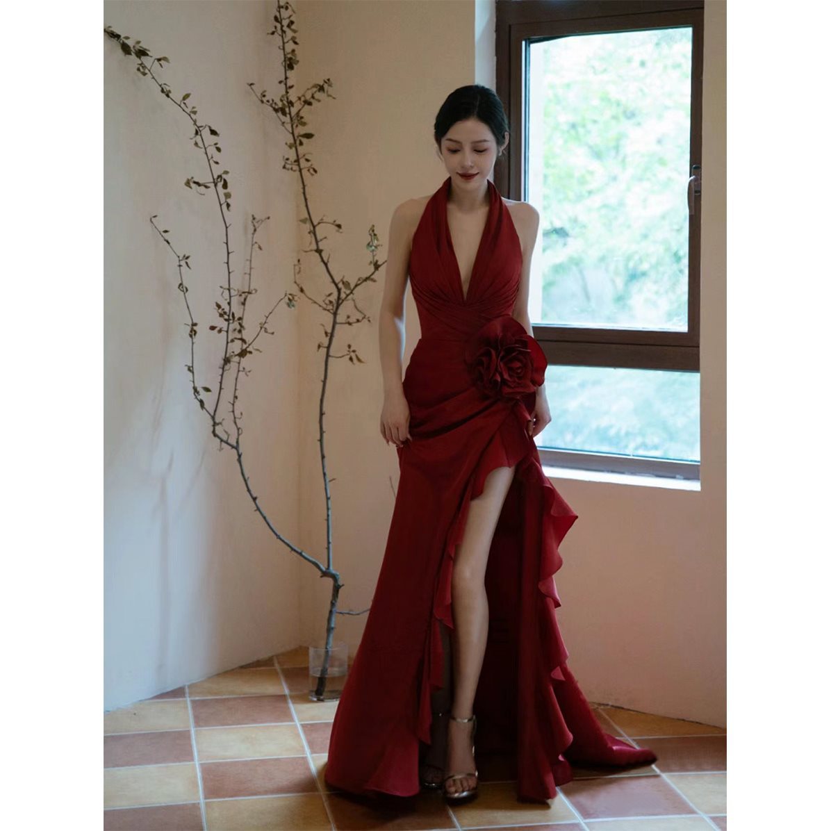 Silk Wine Red Elegant Halter  Dress