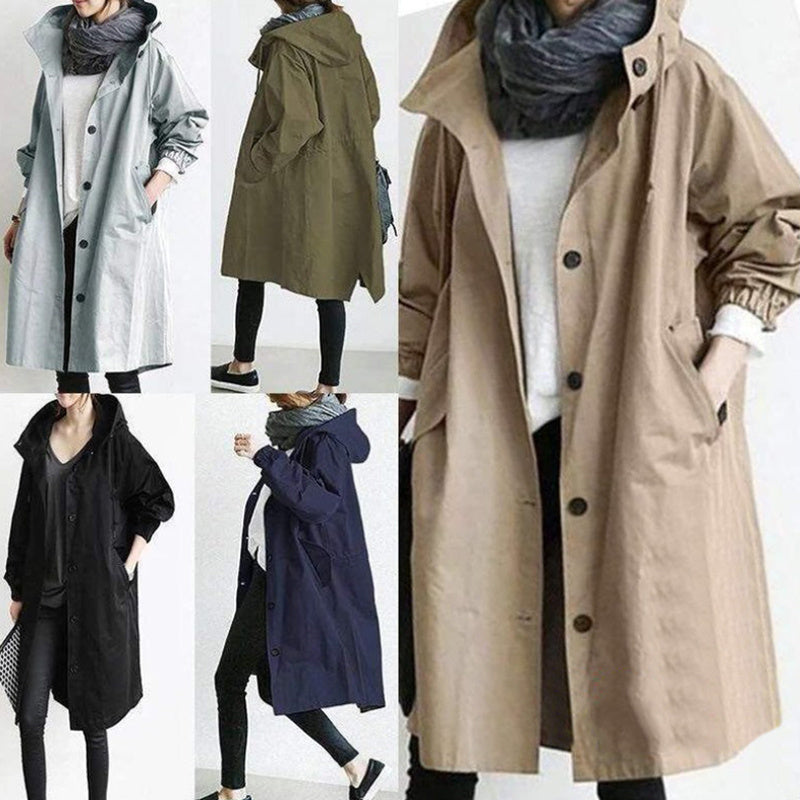 Trench Hooded Coat l Loose Button  with Pockets and  Hooded