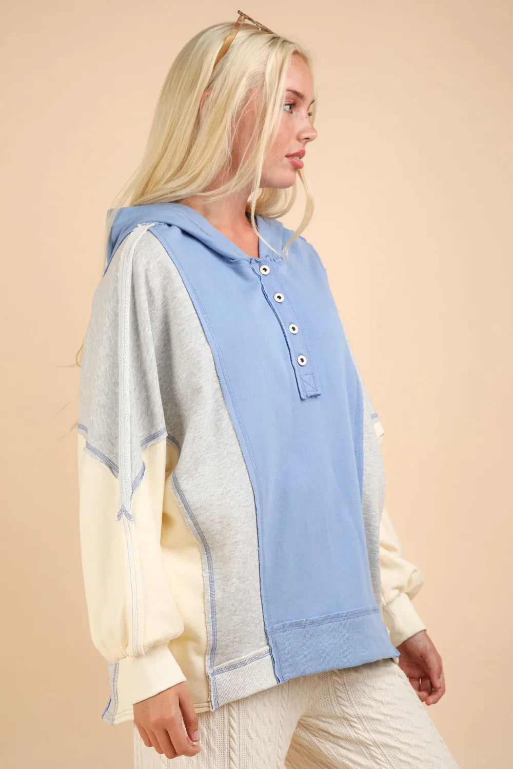 Creamy Blue Color Block Half Button Hoodie