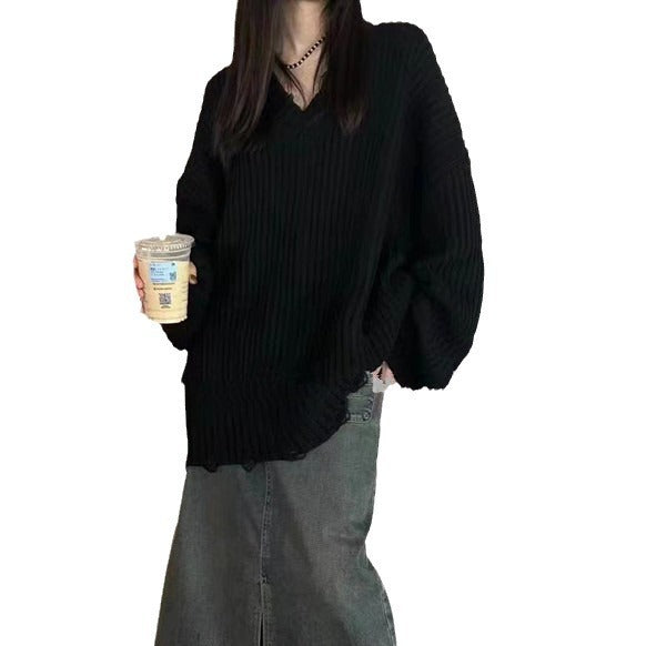 Oversize V-Neck Knitwear Pullover Sweater-One Size